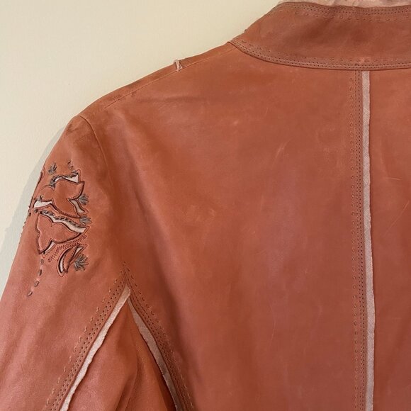 Vintage Elie Tahari Ornate Brown Leather Biker Jacket with linen lining - medium - Picture 6 of 8